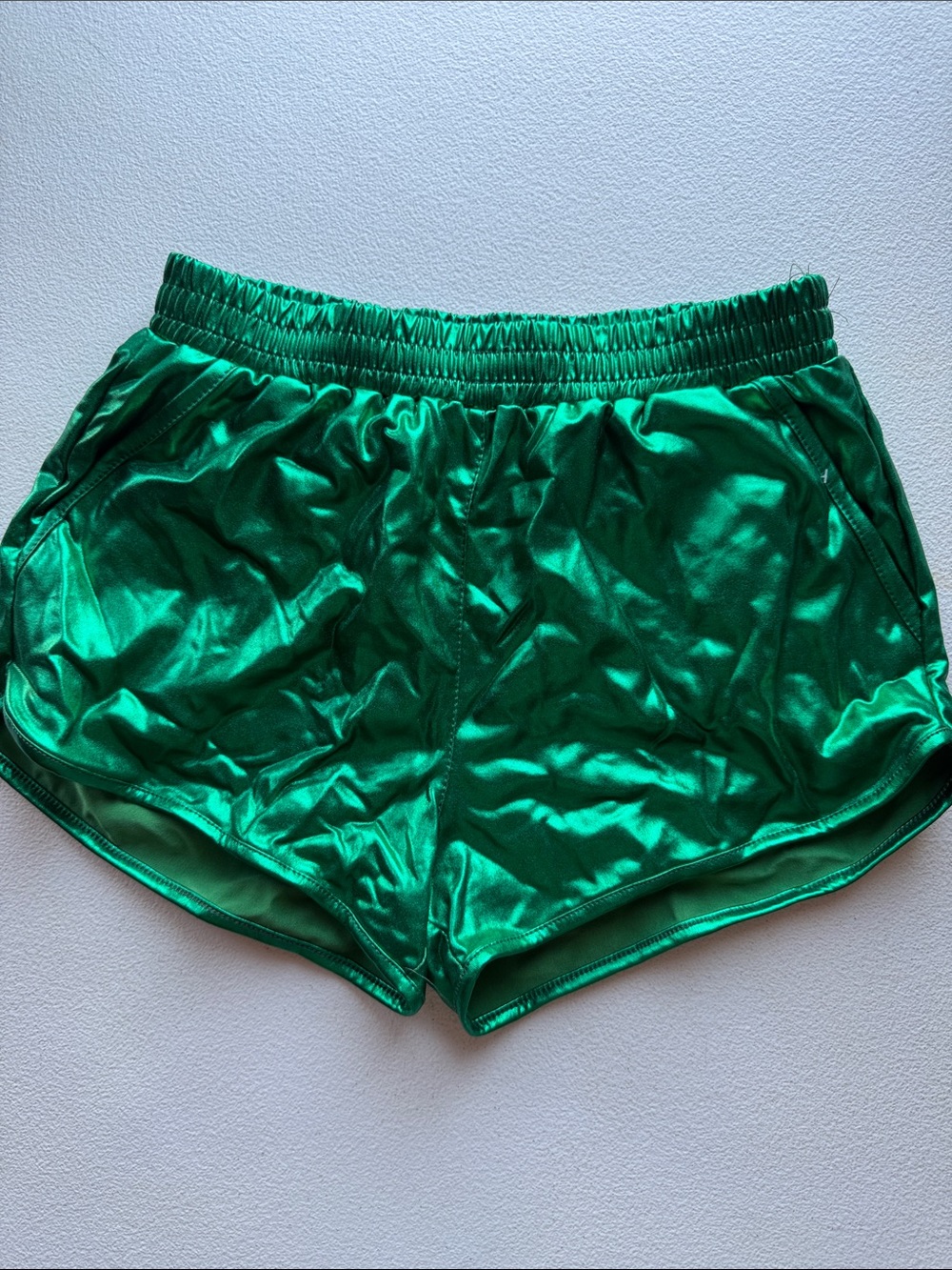 Girls' Metallic Emerald Green Athletic Shorts with Elastic Waistband